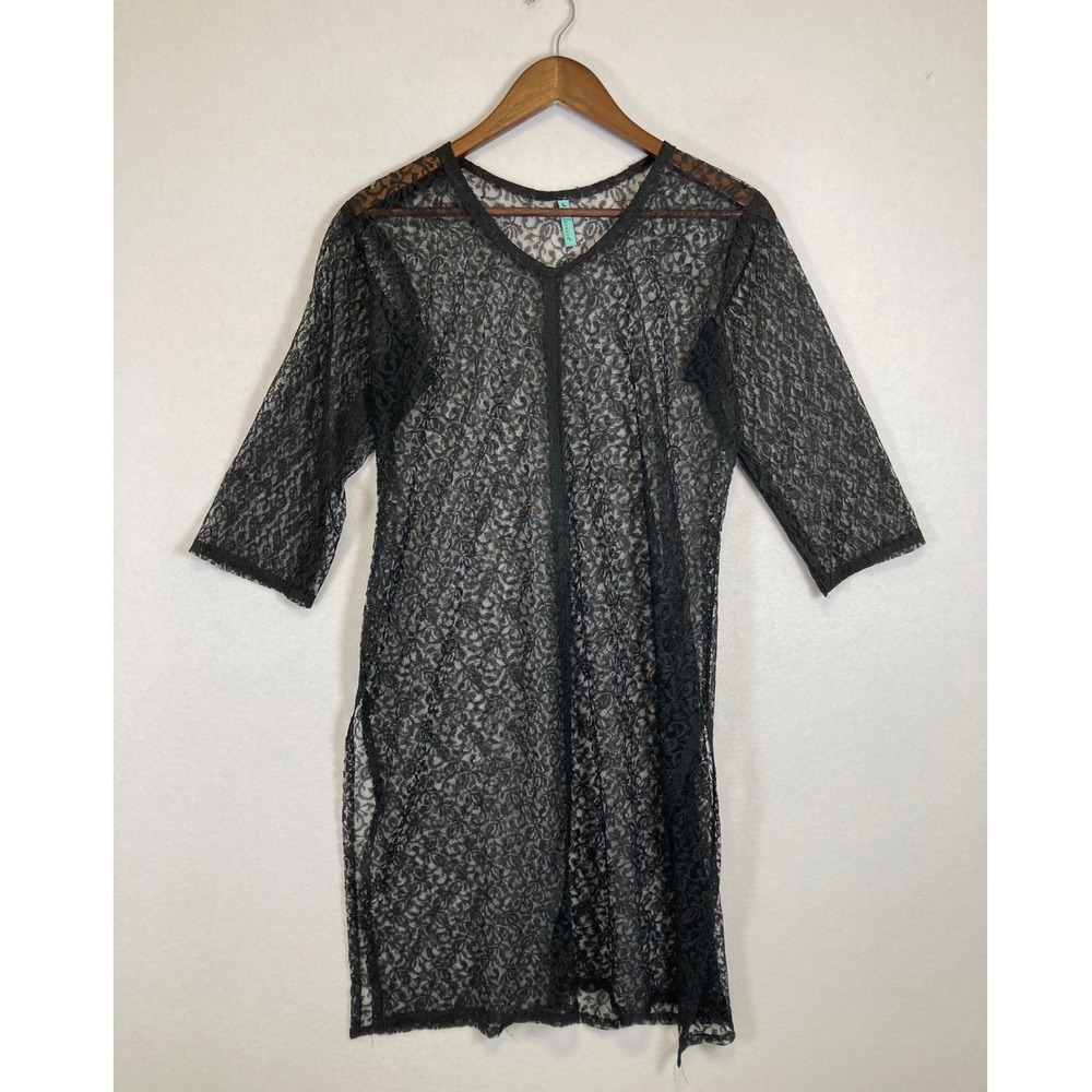 Gothic Romantic Janasya Women L Black Sheer Floral Lace V-Neck‎ 3/4 Sleeve Tunic